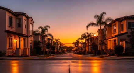 Fototapeta premium Vibrant Sunset Glow Over Residential Street with Palm Trees and Modern Homes.
