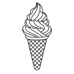 Classic Soft Serve Ice Cream Cone Detailed Line Drawing, Hand Drawn Dessert Sketch Vector