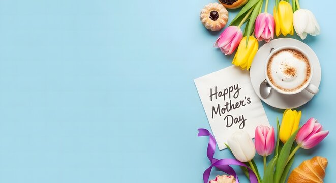 Happy mother's day celebration with coffee tulips and sweet treats