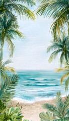 Fototapeta premium Serene tropical watercolor illustration lush palm trees frame azure ocean calm coastal paradise scene