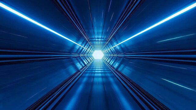 Sci-fi hexagonal tunnel with glowing light trails and deep perspective