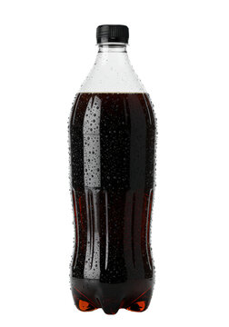 Clear 2l pet bottle, effervescent dark cola, condensation, black cap, transparent background, hyper-sharp studio shot, concept for beverage advertising