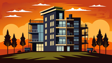 Modern apartment building at sunset Vector