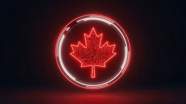 Vibrant red maple leaf emblem with intricate circuit board pattern illuminated by glowing neon