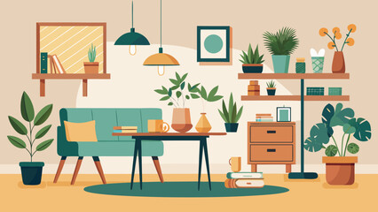 Fototapeta premium Cozy living room with plants and decor Vector