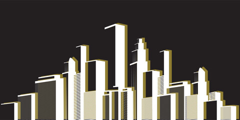 Skyscraper Cityscape Silhouette with Modern High-Rise Buildings - Urban Skyline Illustration Featuring Skyscrapers in Gray Tones Against Dark Black Sky -Vector Template