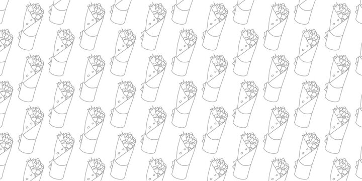 Seamless pattern of hand-drawn kebab or burrito wraps vector on white background Creative fast food design for wallpaper, textile, menu, and healthy street food concepts
