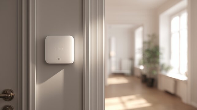 Wall-mounted home alarm detector guard near interior doorway, conveying residential security, intrusion detection and smart monitoring.
