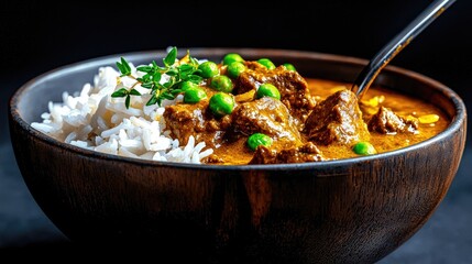 Delicious beef curry with rice and peas