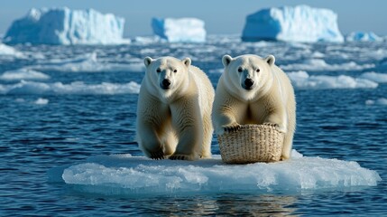 Two Polar Bears on Iceberg with Basket
