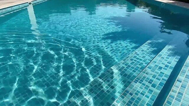 Serene turquoise swimming pool with mosaic tile detail and sun-dappled reflections creates a luxurious and inviting atmosphere for relaxation and recreation