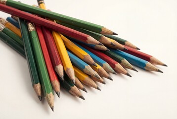 Fototapeta premium Assortment of colorful sharpened wooden pencils with graphite tips isolated on white background