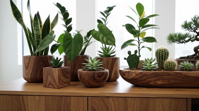 Arrangement of Various Potted Indoor Plants on Wooden Cabinet