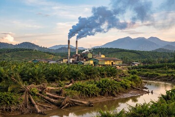 Palm oil industry factory with smokestacks emitting smoke in Sumatra