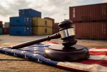 Obraz premium Judge's gavel on an American flag with shipping containers