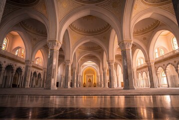 Fototapeta premium Majestic mosque interior with white and gold symmetrical arches