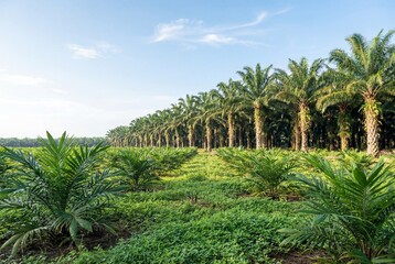 Obraz premium Young palm saplings in an oil palm plantation under clear sky