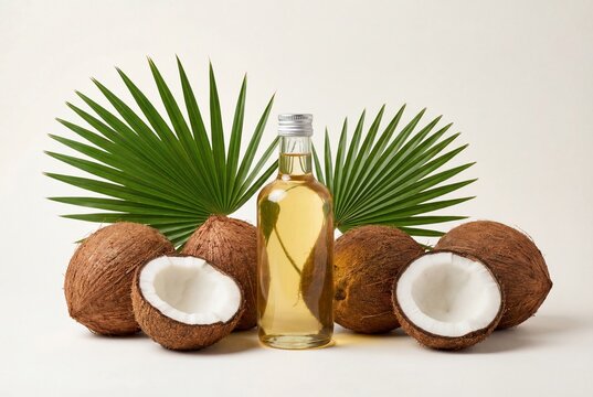 Golden MCT oil in glass bottle with coconuts and palm leaves