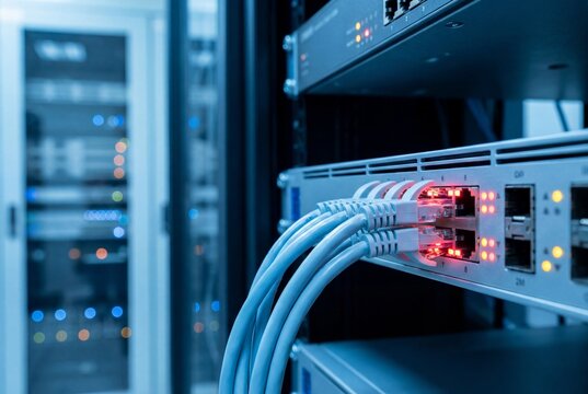 Network switch with Ethernet cables and LED activity indicators