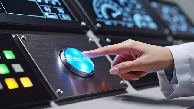 maintenance technical safety optimization concept. A hand pressing a blue button on a control panel with screens.