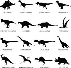 Naklejka premium Vector collection featuring a black silhouette set of wild animals, birds, and dinosaurs including fish and flying lizards for nature wildlife design