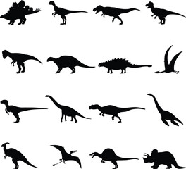 Vector illustration collection of black dinosaur silhouettes featuring a set of wild animal outlines, reptiles, and prehistoric wildlife icons in nature © ARIEN BADHON