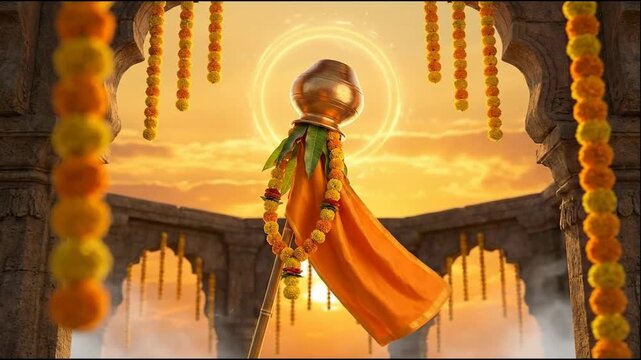 Vibrant gudi padwa symbol hangs under a dramatic golden sunset sky in an ornate ugadi temple arch.