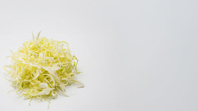 白背景に盛られたキャベツの千切り マクロ撮影