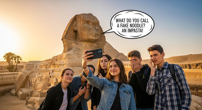 Friends React to a Cringey Sphinx Pun While Taking a Selfie at Giza Pyramids