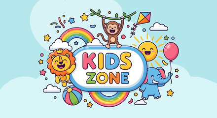 Obraz premium Vibrant Kids Zone Banner with Happy Cartoon Animals, Rainbow, and Playful Elements - Perfect for Children's Entertainment and Fun Areas