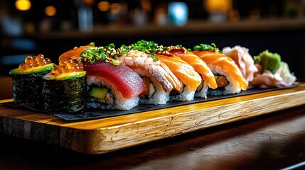 Sushi rolls assortment on wooden board