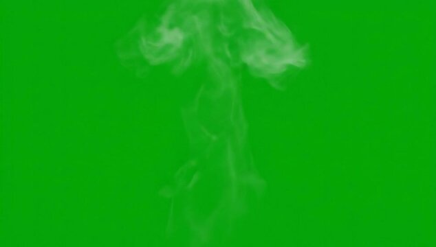 Rising white smoke plume on a vibrant green screen, ethereal steam vapor for visual effects, dynamic atmospheric element for compositing.
