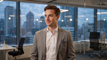 Obraz premium Young professional businessman in a grey suit standing in a modern office. Confident male executive with city skyline background at dusk. Corporate leadership and career success concept