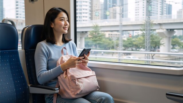 Young Asian woman commuting on a train while looking out the window. Smiling female passenger holding a smartphone in a modern carriage. Travel and urban lifestyle concept