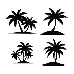 Fototapeta premium Collection of four black palm tree silhouettes on diverse island shapes and sizes