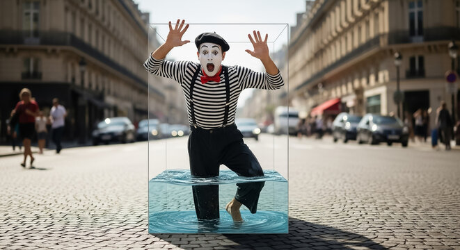Mime Trapped in Invisible Water Box on City Street