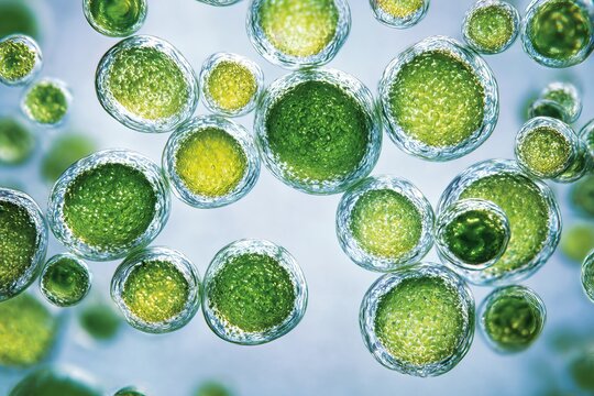 Close up microscopic view of spherical green microalgae cells suspended in liquid medium