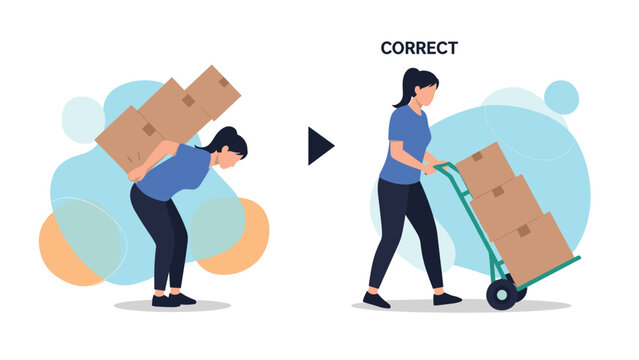 Informative diagram showing the correct way to move heavy boxes using a hand truck dolly versus the incorrect way of carrying them on the back.