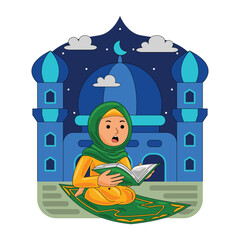 Woman Reading Quran on Prayer Mat