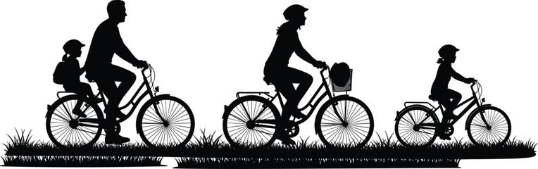 Obraz premium Family cycling silhouette, outdoor bike ride, grassy path, helmet safety, parent and child, peaceful recreation, group activity, nature reflection, togetherness, vector art