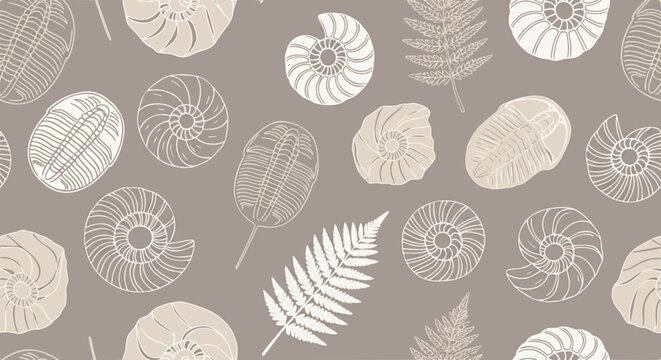 Seamless brown fossil shells ferns pattern background