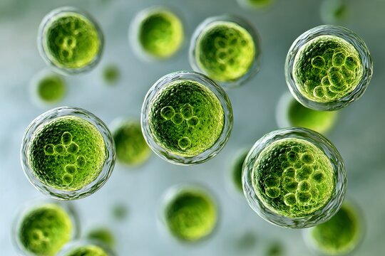 High magnification image of spherical green microalgae cells in liquid medium under microscope
