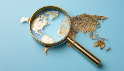 gold world map and magnifying glass on a blue background with copy space