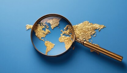 gold world map and magnifying glass on a blue background with copy space