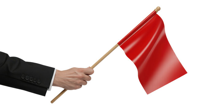 Hand holds red flag waving against background with warning protest for event