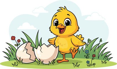 Fototapeta premium Chick hatching cartoon illustration, cheerful baby bird artwork, playful farm animal design, springtime character concept, Easter style, cute symbol