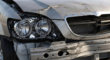 Fototapeta premium Closeup of a damaged silver car with broken headlight and bumper