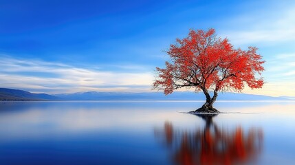Serene lake with red tree reflection
