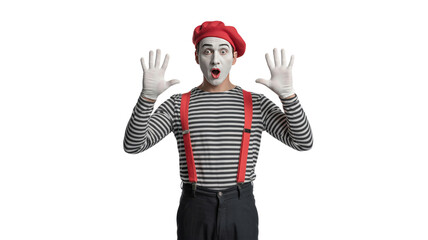 Mime with red beret and striped shirt in white gloves posing on transparent backdrop