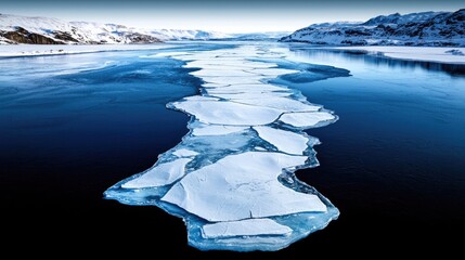 Frozen lake with melting ice floes